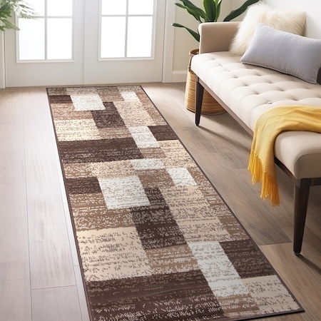 World Rug Gallery Contemporary Distressed Boxes Soft Runner Rug 2' x 7' Brown 3005BROWN2X7